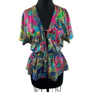 Van Laack Silk FINA Blouse Top Mixed Print Dolman Sleeve Tie Front Size 34